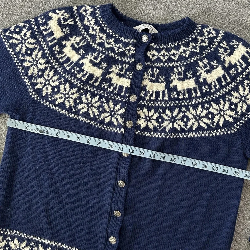 Norsk Håndstrikk Cardigan Womens Medium Blue Wool Reindeer Fair Isle Norway